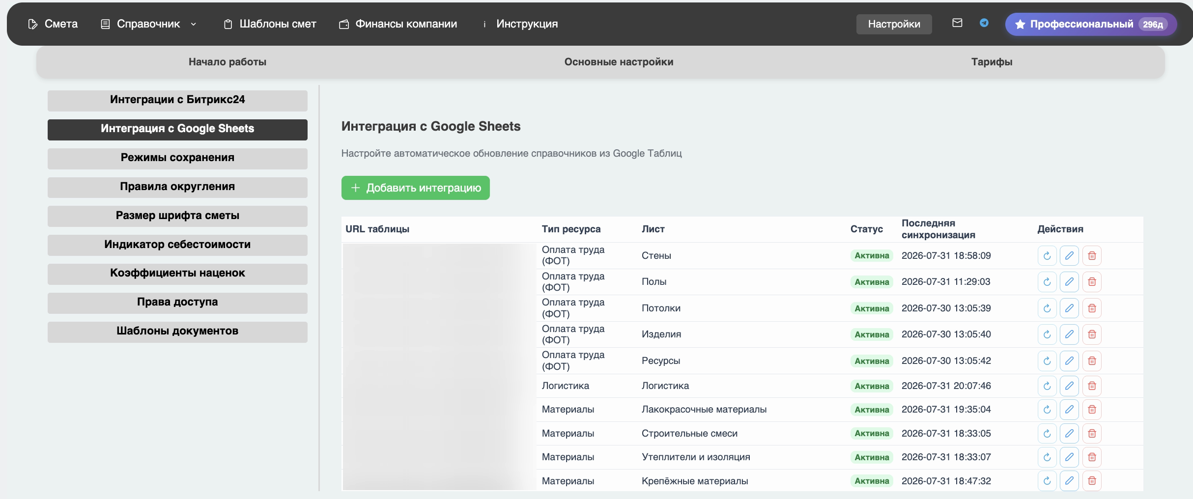 Настройки интеграции с Google Таблицами: тип ресурса, лист, статус и синхронизация