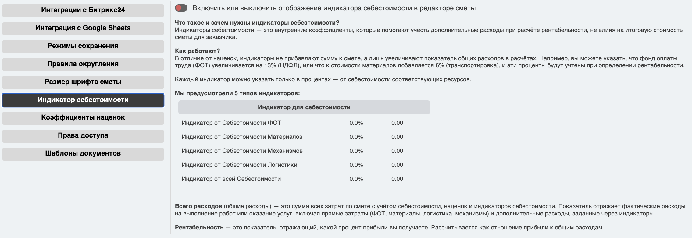Описание индикаторов себестоимости в настройках