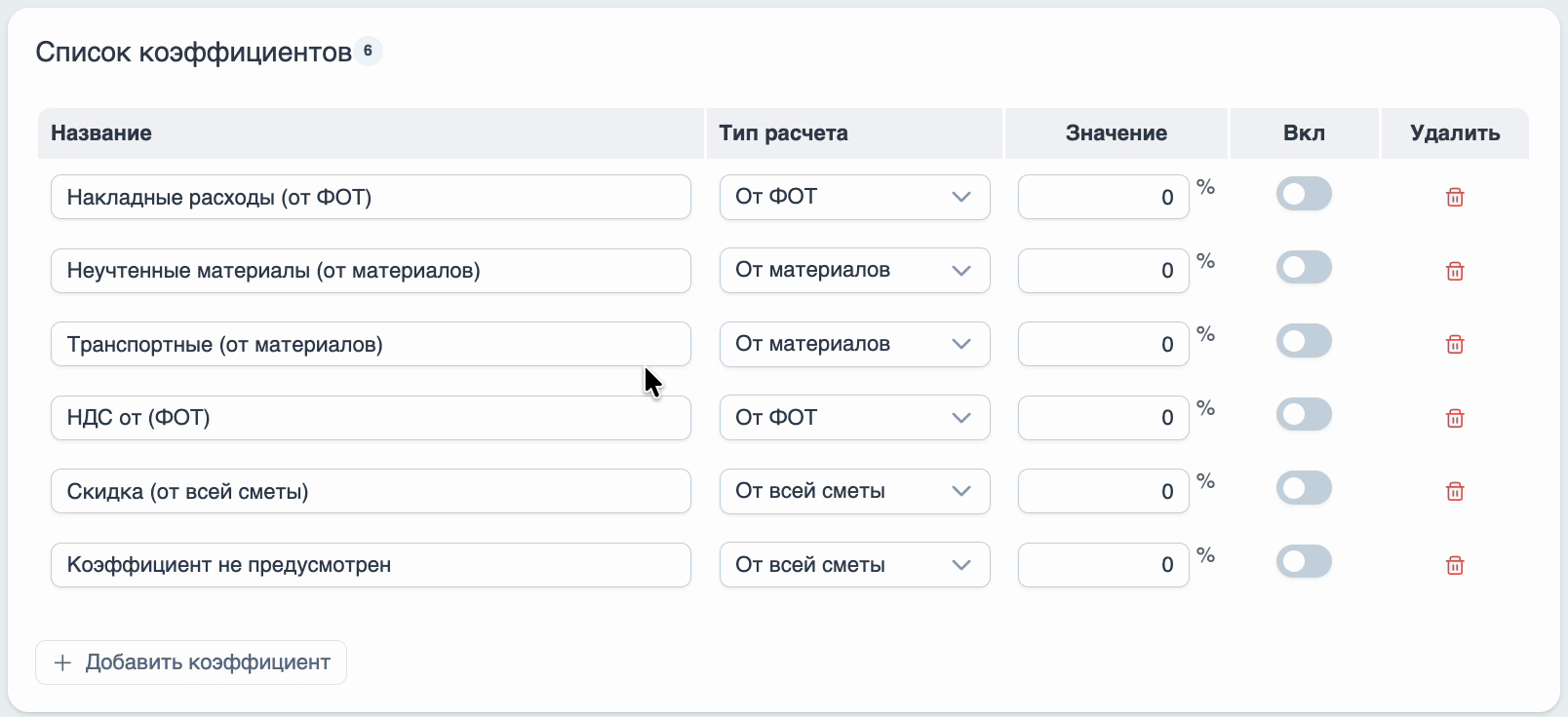 Список коэффициентов в настройках приложения.